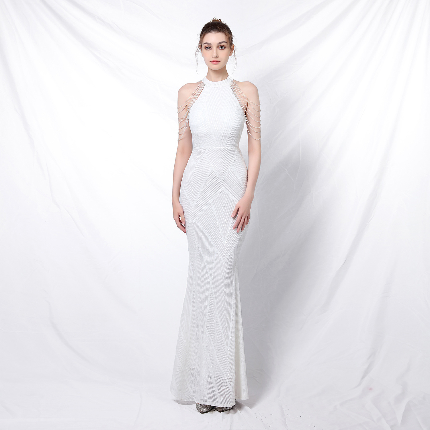 Backless Evening Dress Women Party Dress Long Wear Sequin Fabric Cheap - Image 5