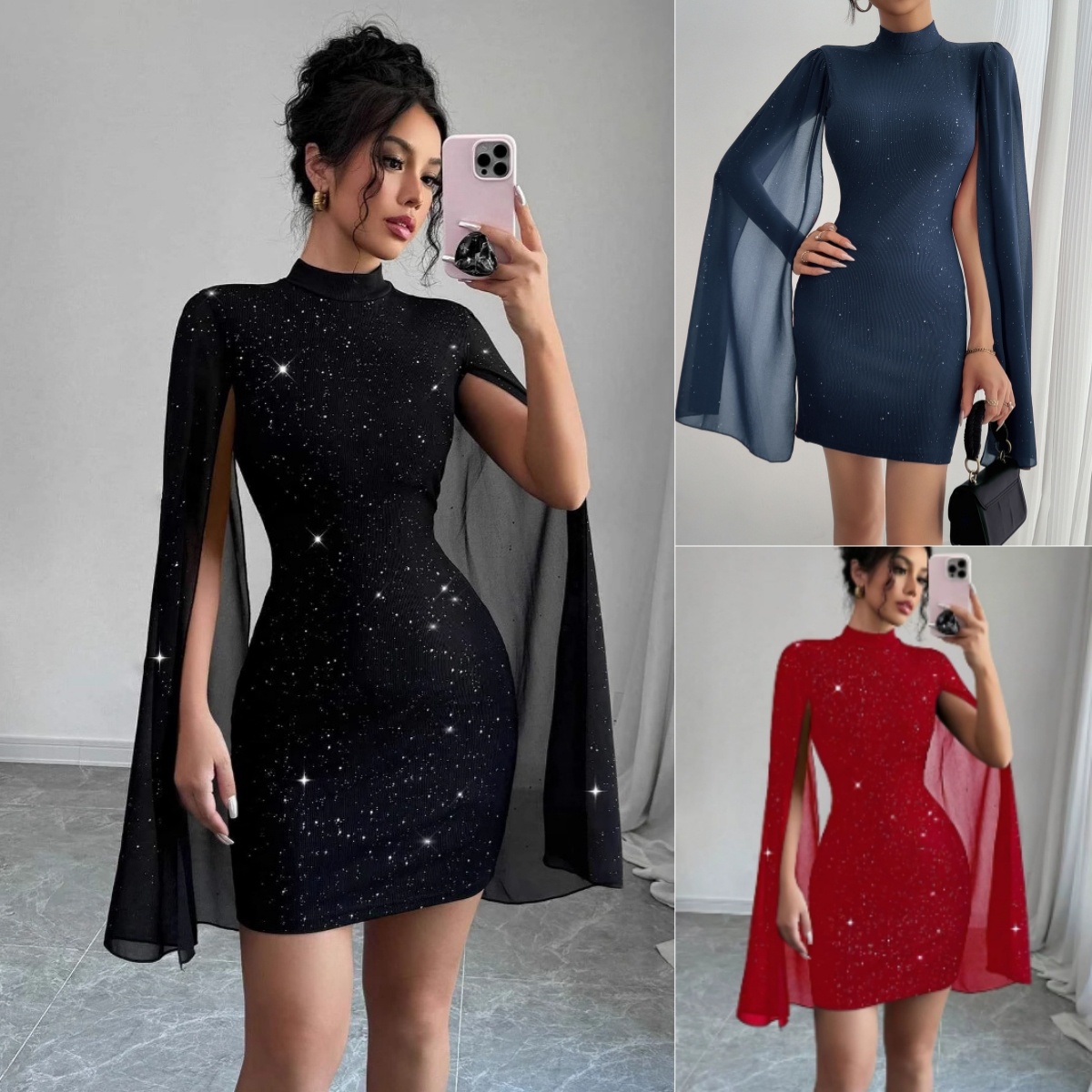 Pearl Trim Cape Sleeve Bodycon Mini Dress