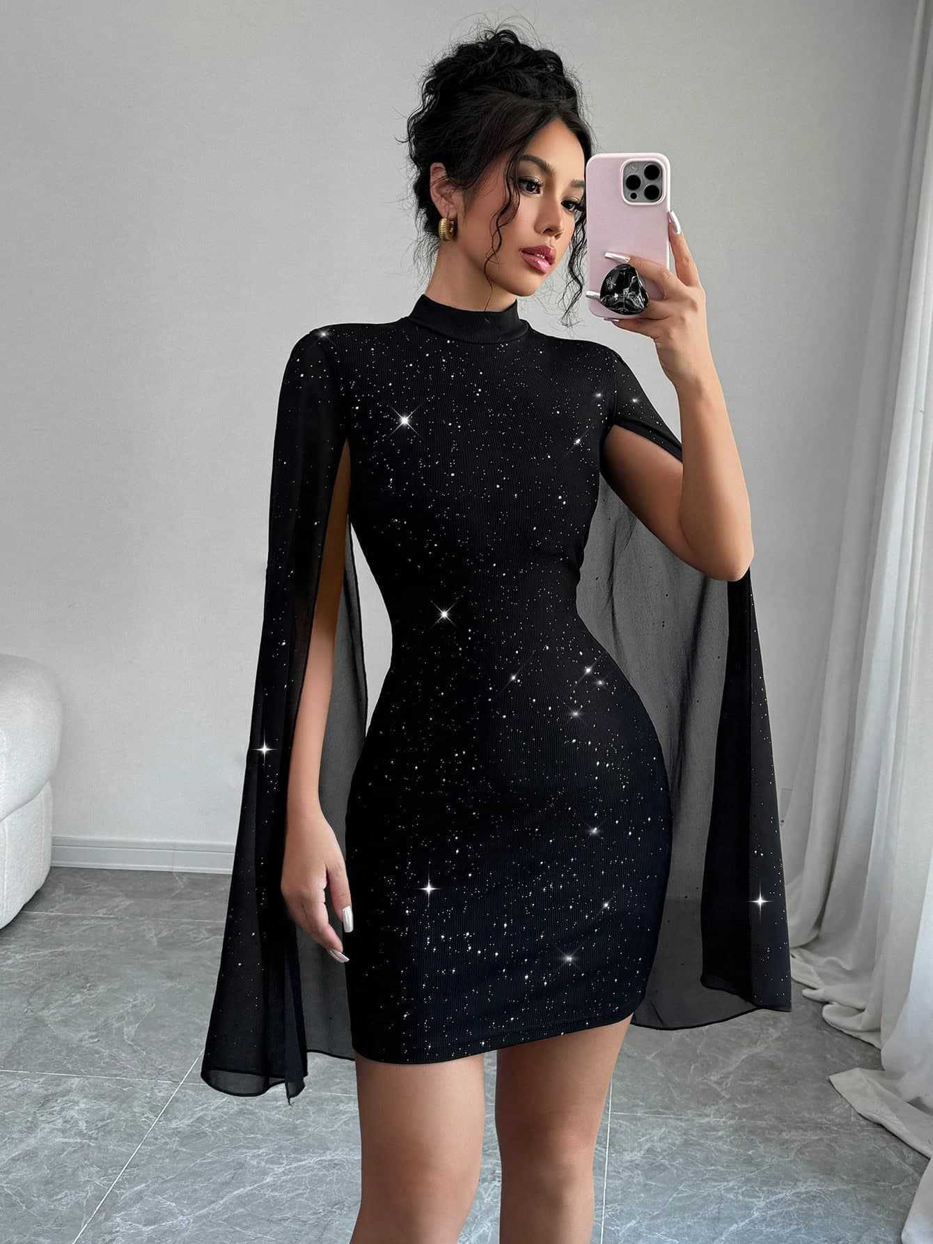 Pearl Trim Cape Sleeve Bodycon Mini Dress – view 6